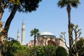 View of Hagia Sophia or Ayasofya on a sunny day, among palms and bushes in the Sultanahmet Square Royalty Free Stock Photo