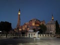 View at Hagia Sophia at night blue hour. Domes and minarets beautifuly highlighted