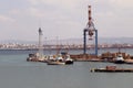 View of Haifa`s Port, Cranes, Boats, Ships and equipment. Royalty Free Stock Photo