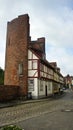 View of the Halbturm-Haus, a half-timbered house at the street An der Mauer, beautiful architecture, Lubeck, Germany