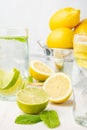 View of half lemons, mint, two glasses of water and metal bucket with whole lemons Royalty Free Stock Photo