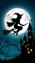 view Halloween night background with witch flying on broomstick against full moon over castle, vector illustration Royalty Free Stock Photo