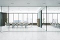 View from hallway to meeting room with glass partition, window with city view and grey floor. 3D Rendering