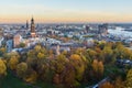 View of Hamburg with Michel, harbor, and New Elbphilharmony on sunset. Germany