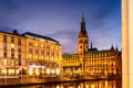 View of Hamburg townhall Rathaus and small Alster lake during twilight sunset