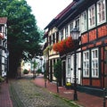 View of Hameln old town with market square and traditional german houses, Lower Saxony, Germany
