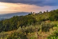 View on Fonterutoli on sunrise. It is hamlet of Castellina in Chianti in province of Siena. Tuscany. Italy