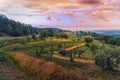 View on Fonterutoli on sunrise. It is hamlet of Castellina in Chianti in province of Siena. Tuscany. Italy