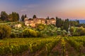 View on Fonterutoli on sunset. It is hamlet of Castellina in Chianti in province of Siena. Tuscany. Italy