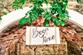View of handwritten board with beer time text hanging under arch and leaves