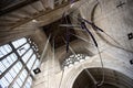 A view of hanging bell ringers ropes in the tower of Crowland Ab