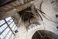 A view of hanging bell ringers ropes in the tower of Crowland Ab