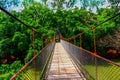 View of the hanging wooden bridge with lush greenery over the river Royalty Free Stock Photo