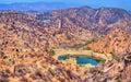 View of Hanuman Sagar Lake and fortifications of Amer. Jaipur, India