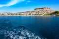 Acropolis and village of Lindos, view from sea Rhodes, Greece