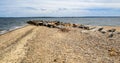 View of the harbor, beach and rocky headland in East Greenwich