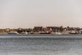 View of harbor from the Boston Waterfront with fishing boat trucks and boats anchored Massachusets Royalty Free Stock Photo