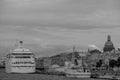 View of the harbor in the city of Saint Petersburg in Russia. Monochrome picture 