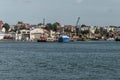 View of harbor from the old Boston Waterfront with fishing boat trucks and boats anchored Massachusets Royalty Free Stock Photo