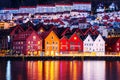 View of harbour old town Bryggen in Bergen, Norway during the night Royalty Free Stock Photo