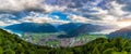 View from Harder Kulm in Swiss Interlaken in summer sunset. Turquoise Lake Thun and Brienz in background. Stunning scenery on top