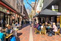 view of Hardware Lane with many people enjoy food and drinks at outdoor dinning area. Melbourne, VIC Australia.