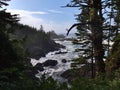 View of harsh coast with strong surf and rugged rocks viewed from Wild Pacific Trail in Ucluelet on Vancouver Island, Canada. Royalty Free Stock Photo