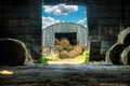 View of the hay bales being stored in an old wooden barn from the another hay barn Royalty Free Stock Photo