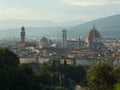 View of the heart of Florence: cathedral Santa Maria del Fiore and tower of Palazzo Vecchio taken from the other bank of the Arno Royalty Free Stock Photo