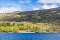 A view of the heavliy wooded northern shore of Loch Katrine in the Scottish Highlands