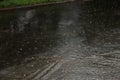 View of heavy pouring rain on city street