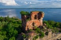 View from the height of the fort Emperor Paul 1 in Kronstadt, the Gulf of Finland, the island of forts, a ruined red brick
