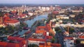 View from the height on the historic city center and the Odra River. Stare Myasto, Wroclaw, Poland. Filmed at different