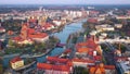 View from the height on the historic city center and the Odra River. Stare Myasto, Wroclaw, Poland. Filmed at different