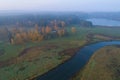 A view from the height of the Mikhailovskoe, foggy October morning top view. Pushkinskie Gory, Russia Royalty Free Stock Photo