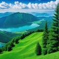 A view from a height of a mountain peak with green trees in the Panoramic