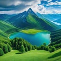 A view from a height of a mountain peak with green trees in the Panoramic