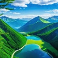 A view from a height of a mountain peak with green trees in the Panoramic