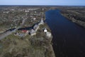 View from a height on Staraya Ladoga on an April day (aerial survey). Leningrad region Royalty Free Stock Photo