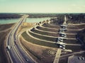 A view from a height to the well-engineered riverside transport system and a city's touristic area. City's landscape architectur Royalty Free Stock Photo