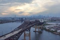 The view from the heights of the evening city of New York. View of the bridges and suburbs of New York at sunset. Royalty Free Stock Photo