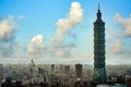 The view from the heights of Taipei City with Taipei 101, Taiwan`s capital in the evening, blue sky and beautiful clouds Royalty Free Stock Photo