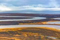 The view from the helicopter to the tundra of the coast of the Arctic Ocean.