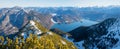 View from Herzogstand summit to lake Walchensee and bavarian alps in winter