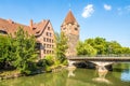 View at the Heubrucke bridge with Schuldturm Tower and Pegnitz river in Nuremberg ,Germany