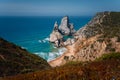 View of a hidden Praia Da Ursa Beach in sunset evening light near Cabo Da Roca on Atlantic coast, Portugal Royalty Free Stock Photo