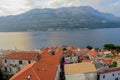 A view high above of the old town of Korcula from the bell tower, looking out at the orange tiled roofs