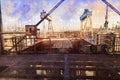 View from the high construction site of the shipyard. Two giant Royalty Free Stock Photo