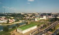 View from a high floor to the Troitskoye suburb, the Svisloch river, Minsk. Belarus. August 2, 2018 Royalty Free Stock Photo