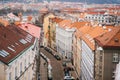 View from a high point. A beautiful view from above on the streets, roads and roofs of houses in Prague. Traditional Royalty Free Stock Photo